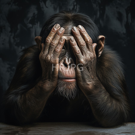 High Resolution: Distressed elderly chimpanzee covers face with wrinkled hands expressive eyes and parted lips visible through fingers on textured backdrop download. | HRJPG.com