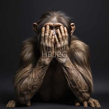 High Resolution: Wrinkled old monkey hides face and hands in front as if ashamed or overwhelmed dark background emphasizes skin texture and fur download. | HRJPG.com