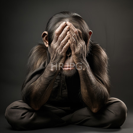 High Resolution: Elderly dark furred monkey presses hands together over face seated cross legged in brown clothing against gray neutral backdrop download. | HRJPG.com