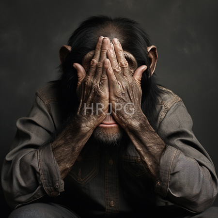 High Resolution: Elderly dark skinned man with long black hair and beard completely covers face with both hands wearing worn gray shirt download. | HRJPG.com
