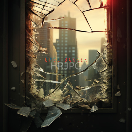 High Resolution: Shattered glass window frames urban sunset skyline jagged shards reflect golden light with CRISE BAKLICK text centered above download. | HRJPG.com