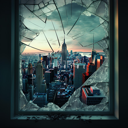 High Resolution: New York skyline seen through jagged cracked glass One World Trade Center centered under orange to blue twilight sky download. | HRJPG.com