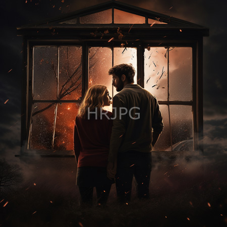 High Resolution: Two people stand back to back before glowing orange window embers float around them in misty stormy atmosphere download. | HRJPG.com