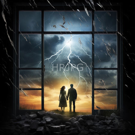 High Resolution: Silhouetted couple holds hands in shattered window frame gazing out as lightning strikes stormy orange horizon at night download. | HRJPG.com