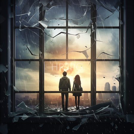 High Resolution: Silhouettes of school uniformed teens stand before broken window rain pours inside cityscape visible through fractured glass at sunset download. | HRJPG.com