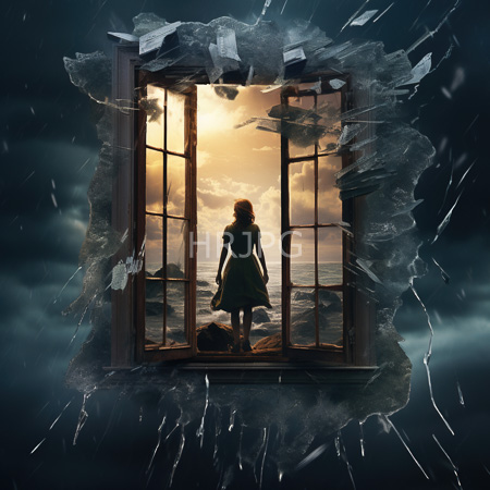 High Resolution: Girl in green dress stands at shattered window looking over stormy seas rain streams through cracks around her still form download. | HRJPG.com
