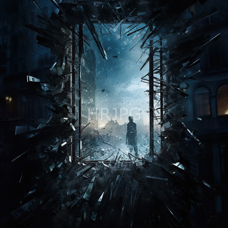 High Resolution: Lone figure stands amid debris framed by broken glass against misty post apocalyptic cityscape under gray blue overcast sky download. | HRJPG.com