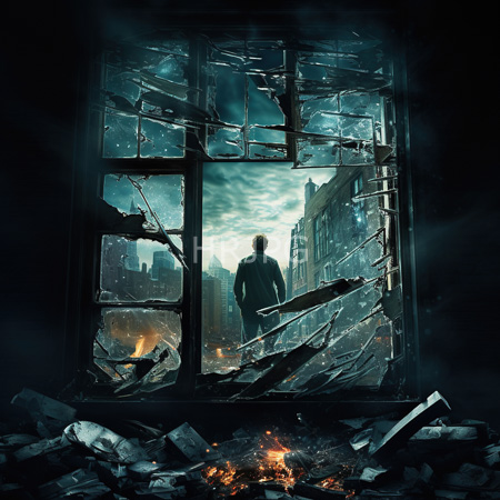 High Resolution: Silhouetted person stands before smoke filled broken window rubble at feet distant burning city visible through shattered panes download. | HRJPG.com