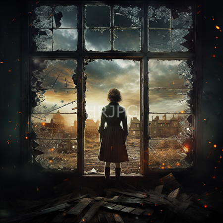 High Resolution: Curly haired woman in vintage green dress gazes from broken window over ruined buildings under dramatic sunset clouded sky download. | HRJPG.com