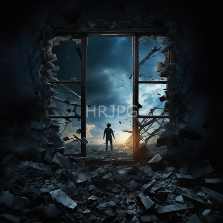 High Resolution: Silhouette stands in debris strewn room before shattered window twilight clouds loom over dusty floor and broken bricks download. | HRJPG.com