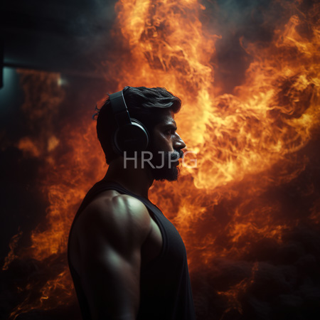 High Resolution: Muscular bearded man in sleeveless tank top wears large headphones profile lit by intense orange flames in industrial setting download. | HRJPG.com