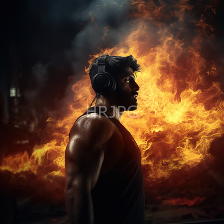 High Resolution: Dark skinned muscular man in black tank top and headphones silhouetted against blazing orange fire smoke curling in air download. | HRJPG.com