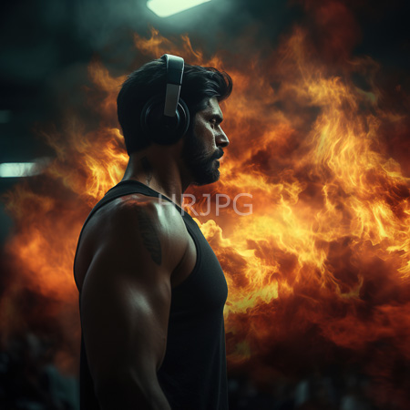 High Resolution: Bearded man in black tank top and headphones faces right against gym backdrop lit by fiery orange ambient glow download. | HRJPG.com