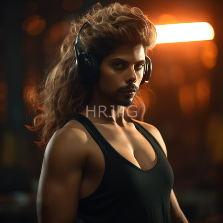 High Resolution: Attractive muscular woman with wavy dark blonde hair wears black headphones listening intently in dim light showing subtle stubble download. | HRJPG.com