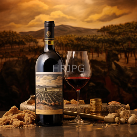 High Resolution: Wine bottle and glass on rustic table with bread crumbs vineyard landscape in golden sunset background red wine glowing download. | HRJPG.com