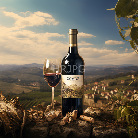 High Resolution: Bottle labeled Cotya with mountain art stands beside half filled wine glass on rocky ground village hills in distance download. | HRJPG.com