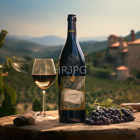 High Resolution: Elegant outdoor wine setup at sunset features dark blue Gora bottle with gold green motifs and glowing red wine glass download. | HRJPG.com