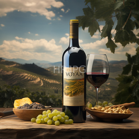 High Resolution: Outdoor wine arrangement with VOYAA bottle red wine glass grapes and nuts on table under clear blue sky with clouds download. | HRJPG.com