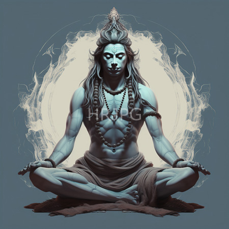 High Resolution: Blue skinned Shiva sits in lotus pose amid swirling white flames wearing beaded jewelry against dark teal mystical backdrop download. | HRJPG.com