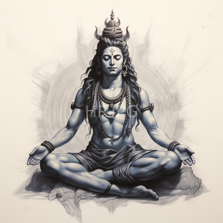 High Resolution: Monochromatic Shiva meditates peacefully with long wavy hair traditional horned crown radiating ethereal aura on textured paper background download. | HRJPG.com