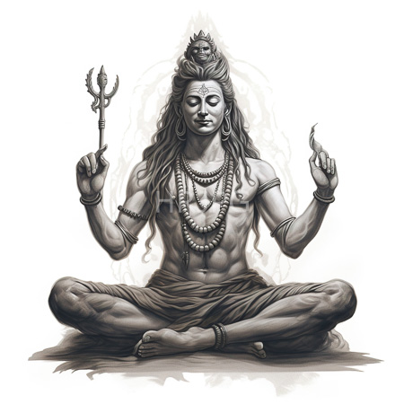 High Resolution: Shiva in cross legged meditation holds trident in right hand raises flaming palm left Ganesha nearby in detailed composition download. | HRJPG.com