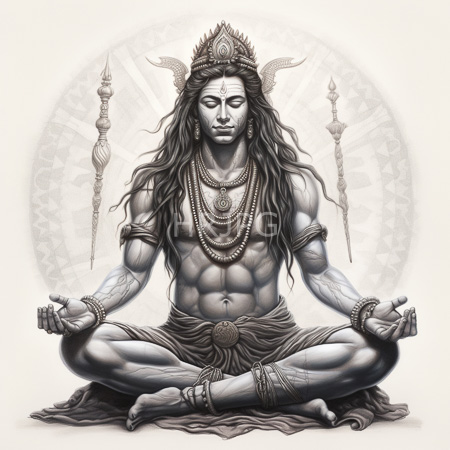 High Resolution: Idealized muscular deity with long black hair closed eyes sits in lotus pose adorned with horned headpiece holding twin staffs download. | HRJPG.com