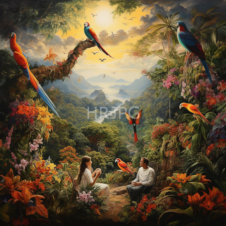 High Resolution: Couple watches colorful parrots at sunset in lush tropical garden surrounded by vivid flowers under warm golden light download. | HRJPG.com