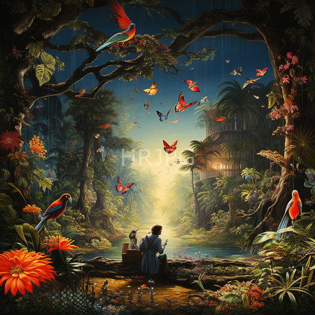High Resolution: Two figures sit by reflective pond in rain soaked jungle with red daisies parrots butterflies among dense vibrant foliage download. | HRJPG.com