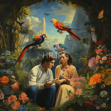 High Resolution: Elegant couple holds hands in tropical paradise with towering cliffs flowers and foliage man in white shirt woman in dress download. | HRJPG.com