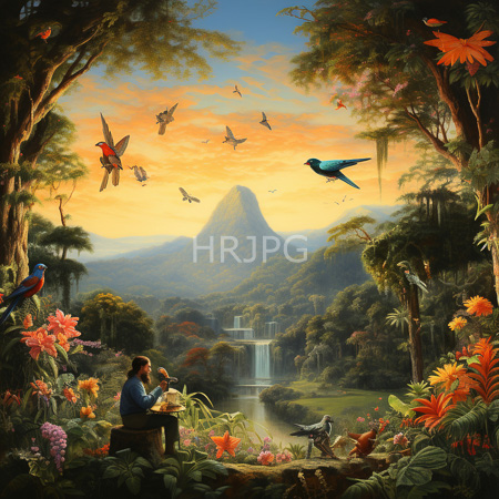 High Resolution: Man sits with two children by waterfall in sunset jungle parrots fly above lush greenery and cascading water below download. | HRJPG.com