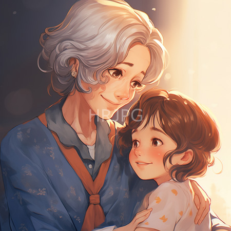 High Resolution: Elderly silver haired woman hugs young girl in starry pajamas both smiling warmly under soft sunlight in tender moment download. | HRJPG.com
