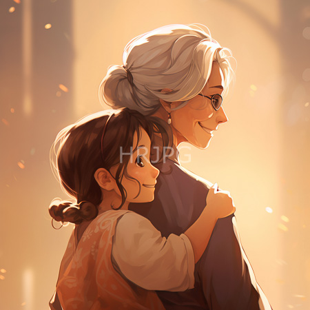 High Resolution: White haired grandmother in glasses is hugged from behind by braided girl in light clothes under dappled tree light download. | HRJPG.com