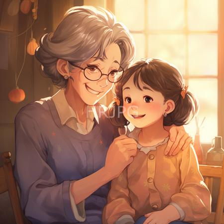 High Resolution: Gray haired woman in purple cardigan gently brushes granddaughter shoulder in sunlit room with hanging fruit decor download. | HRJPG.com