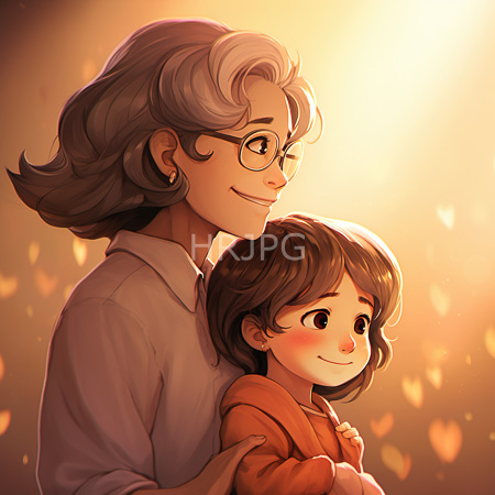 High Resolution: Older woman with gray waves smiles at curly haired child in orange clothes against glowing golden heart shaped orbs download. | HRJPG.com