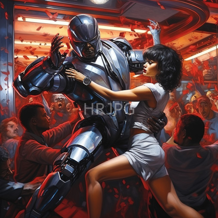High Resolution: Iron Man in silver armor dances with Asian woman in white outfit under red neon lights petals floating around them download. | HRJPG.com