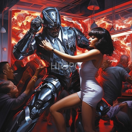 High Resolution: Curvy woman in tight white dress dances intimately with silver armored robot in dim nightclub under red neon glow download. | HRJPG.com