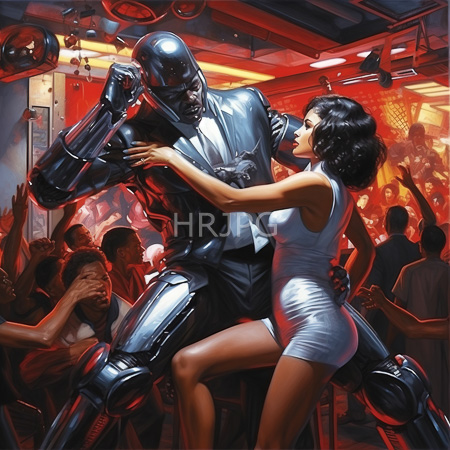 High Resolution: Metallic humanoid with black armor dances closely with woman in white dress in neon club petals and crowd surrounding download. | HRJPG.com