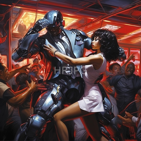 High Resolution: Silver armored robot and dark curly haired woman dance intimately she touches his chest under pulsing red nightclub lights download. | HRJPG.com