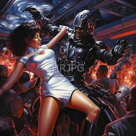 High Resolution: Dark skinned soldier in black armor dances energetically with light brown woman in cleavage revealing white dress at club download. | HRJPG.com