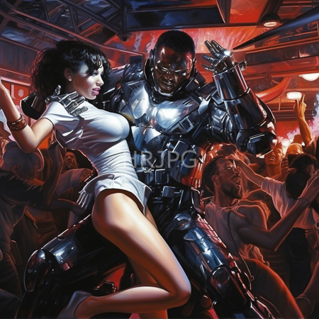 High Resolution: Muscular Black man in robotic armor dances closely with curvy Asian woman in white lingerie under vibrant neon club lights download. | HRJPG.com