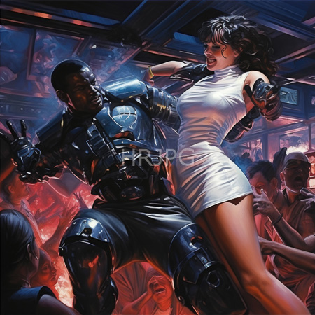 High Resolution: Futuristic soldier dances with curvy woman in silver dress long legs exposed both joyful under red blue nightclub glow download. | HRJPG.com