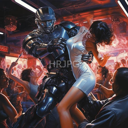 High Resolution: Armored soldier and woman in white dress dance dynamically in neon lit club surrounded by diverse energetic crowd download. | HRJPG.com