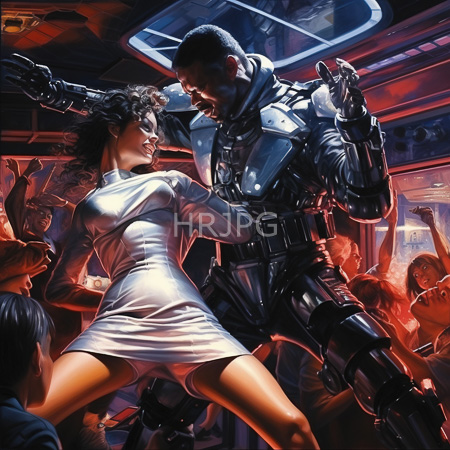 High Resolution: Muscular Black man with silver accented armor dances closely with dark skinned woman in white dress under glowing rings download. | HRJPG.com