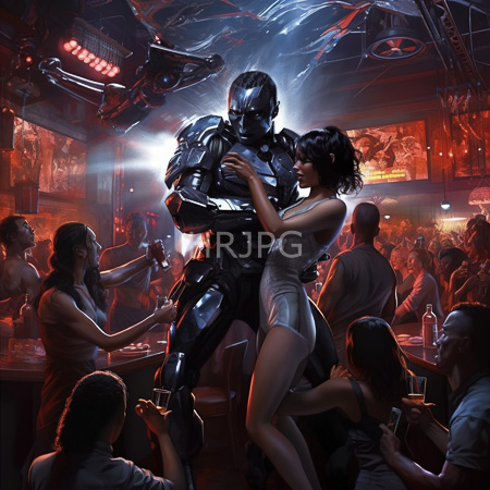 High Resolution: Curvy woman in white lingerie embraces silver humanoid robot center stage in futuristic club with holographic red blue ads download. | HRJPG.com