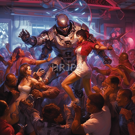 High Resolution: Silver armored alien with glowing eyes dances beside two women in red and white dresses crowd holding phones around download. | HRJPG.com
