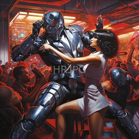 High Resolution: Metallic humanoid and woman in white dress share intimate move in futuristic club under red orange energetic lighting download. | HRJPG.com