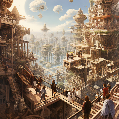 High Resolution: Bustling steampunk city with floating islands airships and wooden walkways people in period attire under bright blue sky download. | HRJPG.com