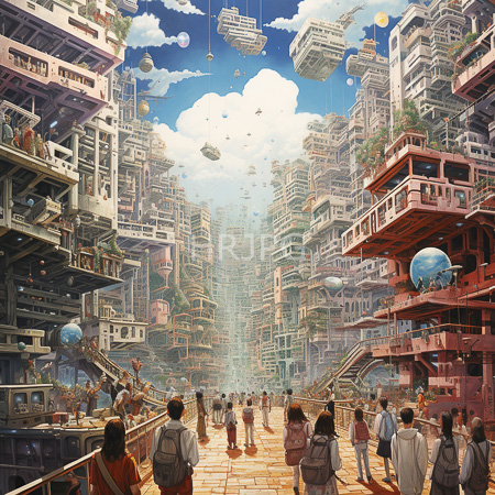 High Resolution: Futuristic cityscape with towering buildings floating structures airships people strolling on cobblestone streets in daylight download. | HRJPG.com