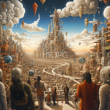 High Resolution: Steampunk city at sunset with hot air balloons five people in futuristic headgear stand on balcony overlooking winding roads download. | HRJPG.com