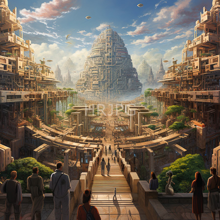High Resolution: Ancient futuristic city with temple like towers people walk down wide stone steps toward pyramid amid lush greenery under blue sky download. | HRJPG.com